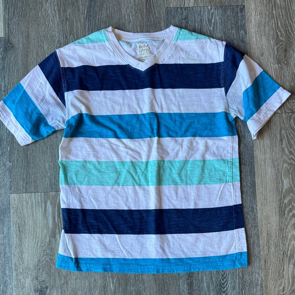 Striped V-Neck Tee in White, Navy & Aqua
